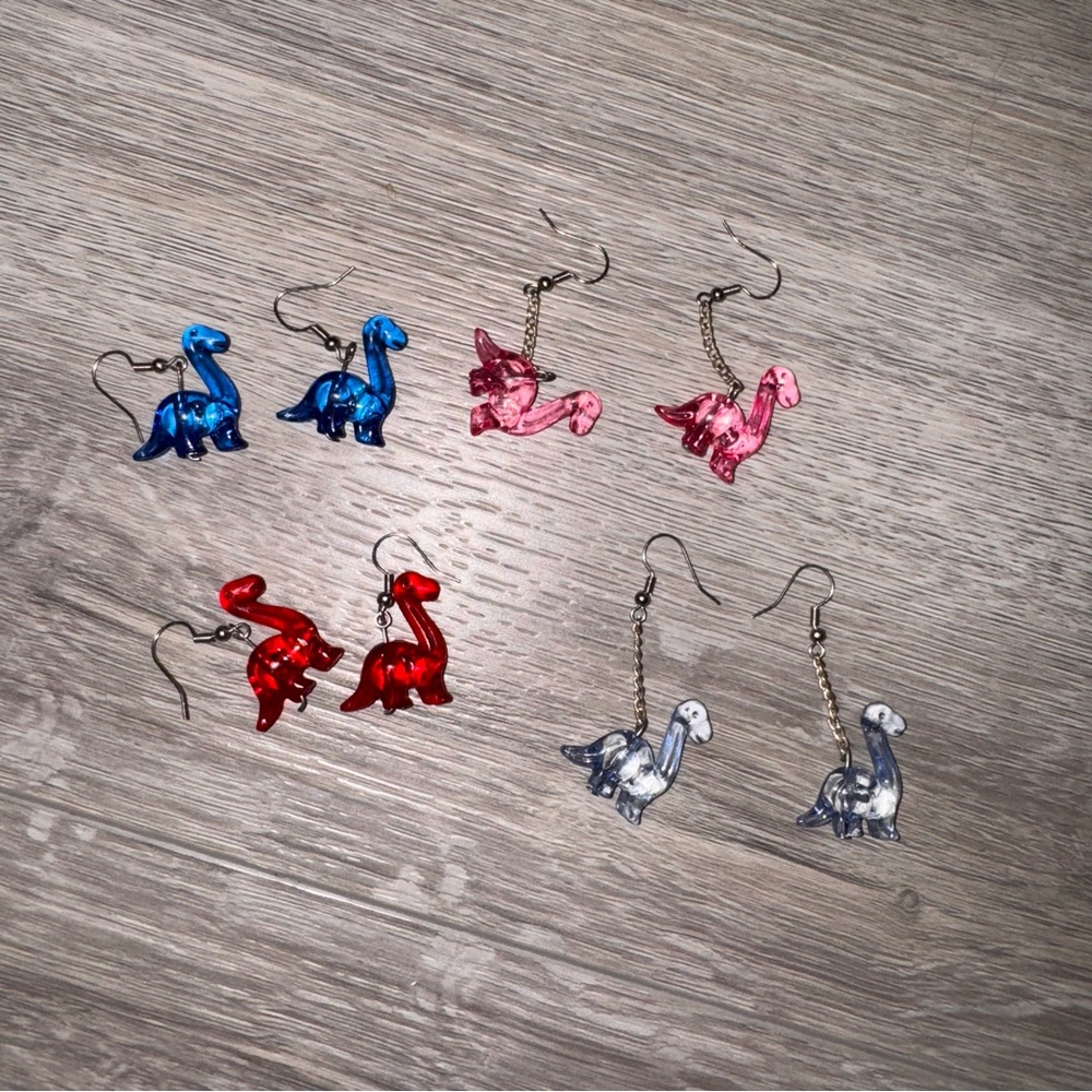 Dinosaur-Themed Handmade Earrings Set - Blue, Red, Pink, Silver